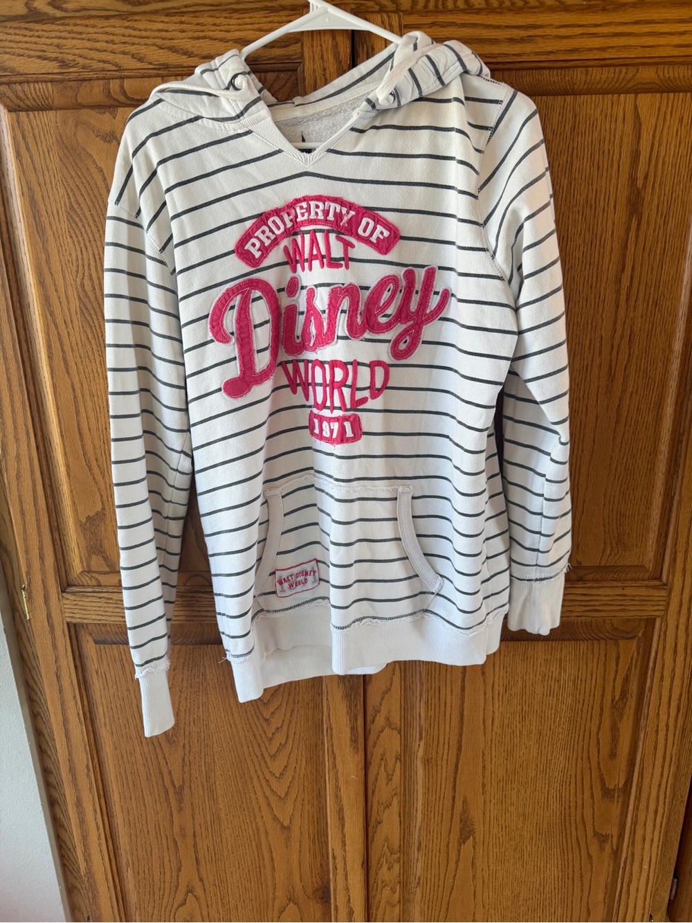 Disney White and Navy Striped Hoodie Sweater with Pink Disney World Logo
